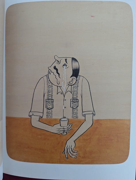 Three images of Sui Sui by Esow — a red hardcover book with gold lettering, an open spread featuring bold graffiti-style lettering and illustrated characters, and a drawing of a seated figure with an exaggerated face, crying while holding a drink at a table.