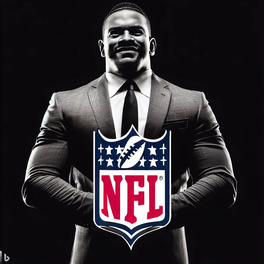 "Retrato de César del planeta de los simios con un traje inteligente, diseño estilo logotipo de la NFL, se ve agradable e inteligente, fondo negro, usa anteojos rectangulares, es sonriente y musculoso, tiene una mirada de líder"