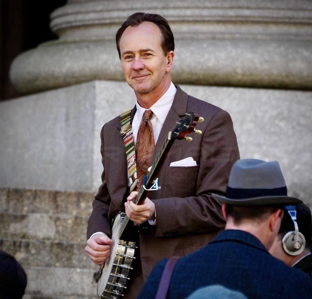 First look at Edward Norton as Pete Seeger in 'A Complete Unknown' filming  in NYC today! : r/bobdylan