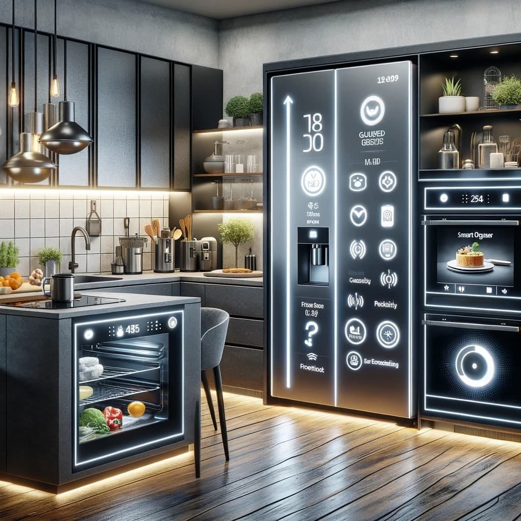 A contemporary smart kitchen showcases integrated appliances with glowing digital interfaces, highlighting advanced connectivity and futuristic design. A contemporary smart kitchen showcases integrated appliances with glowing digital interfaces, highlighting advanced connectivity and futuristic design.