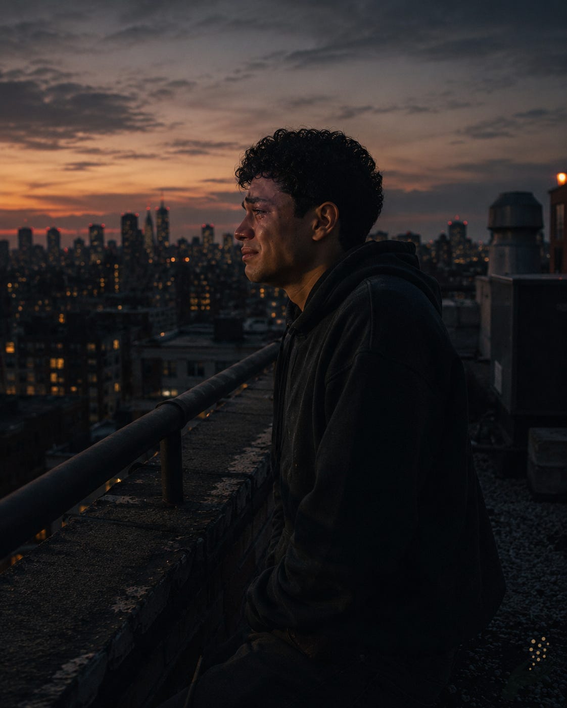 A young man cries alone on a rooftop at dusk while facing a city skyline. The scene includes a brick ledge, railing, rooftop gravel, vents, distant buildings, and warm evening light across the sky.