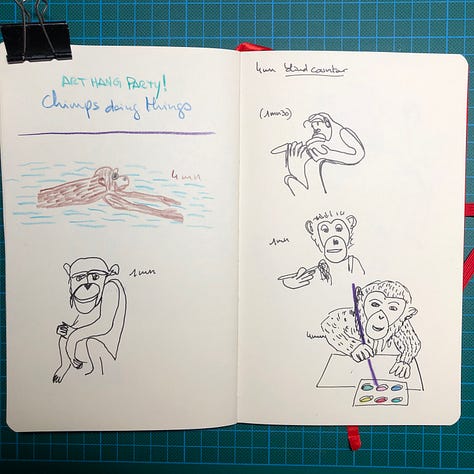 Photos des doubles-pages de mon sketchbook où j’ai dessiné les singes aux crayons de couleurs, crayon graphite ou stylo-plume. Le temps consacré à chaque dessin est indiqué.