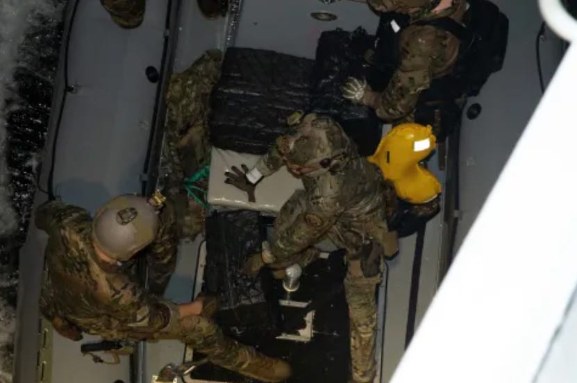 USCG Law Enforcement Detachment 105 offloads seized cartel cocaine onto the USS Sampson on August 11, 2025. USCG Law Enforcement Detachment 105 offloads seized cartel cocaine onto the USS Sampson on August 11, 2025.