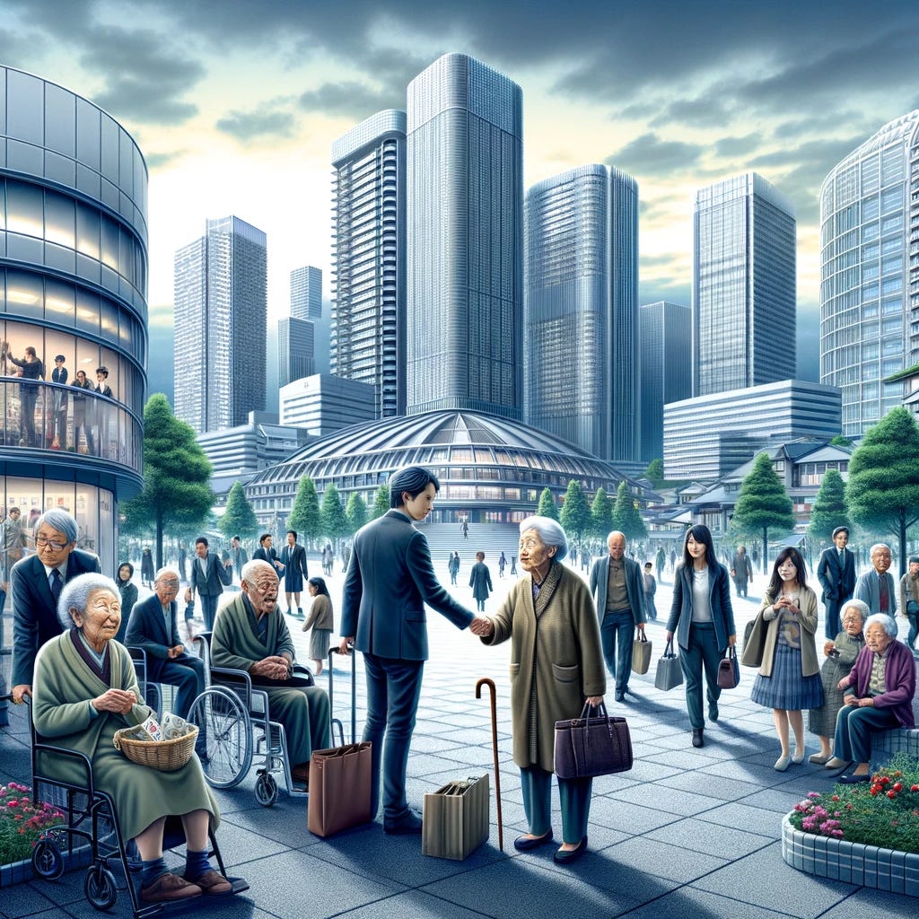 A visual representation of Japan's economic and demographic challenges, featuring an aging population with many elderly people walking through streets or sitting in parks, modern corporate buildings in the background with few visible young workers to illustrate the workforce shortage, a group of young individuals, possibly from abroad, to symbolize the idea of skilled immigration, and a scene in the foreground where elderly people are handing over financial resources or keys to younger people to depict the necessity of redistributing savings. The setting is an urban environment that combines these elements seamlessly to convey the complexity of Japan's situation and the proposed solutions.