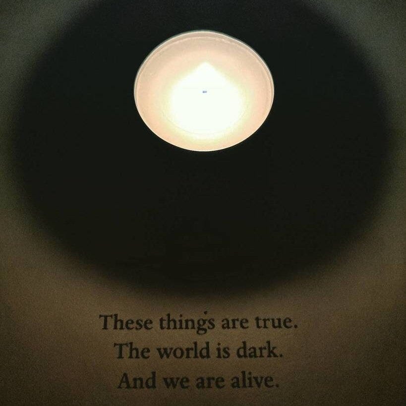 A lit tea candle. Below it reads "These things are true. The world is dark. And we are alive."