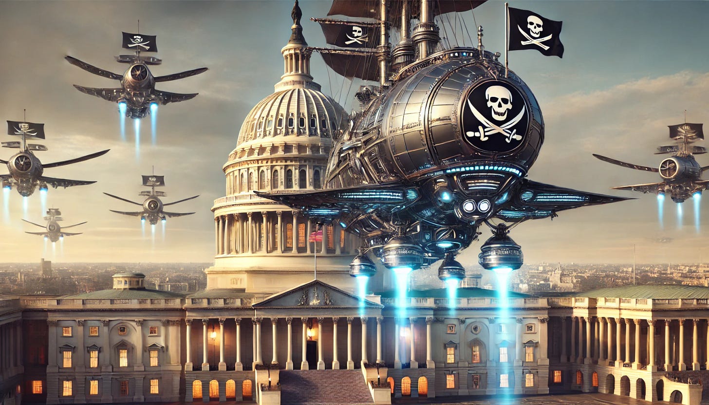 A high-tech pirate airship flying over the Capitol building in Washington, D.C. The airship has sleek metallic design with futuristic features, glowing lights, and pirate insignias. The scene is set in the daytime with a clear sky, the Capitol building in detailed view below with its dome and columns. The airship is adorned with sails that have holographic effects and advanced propellers. The overall atmosphere is adventurous and futuristic.
