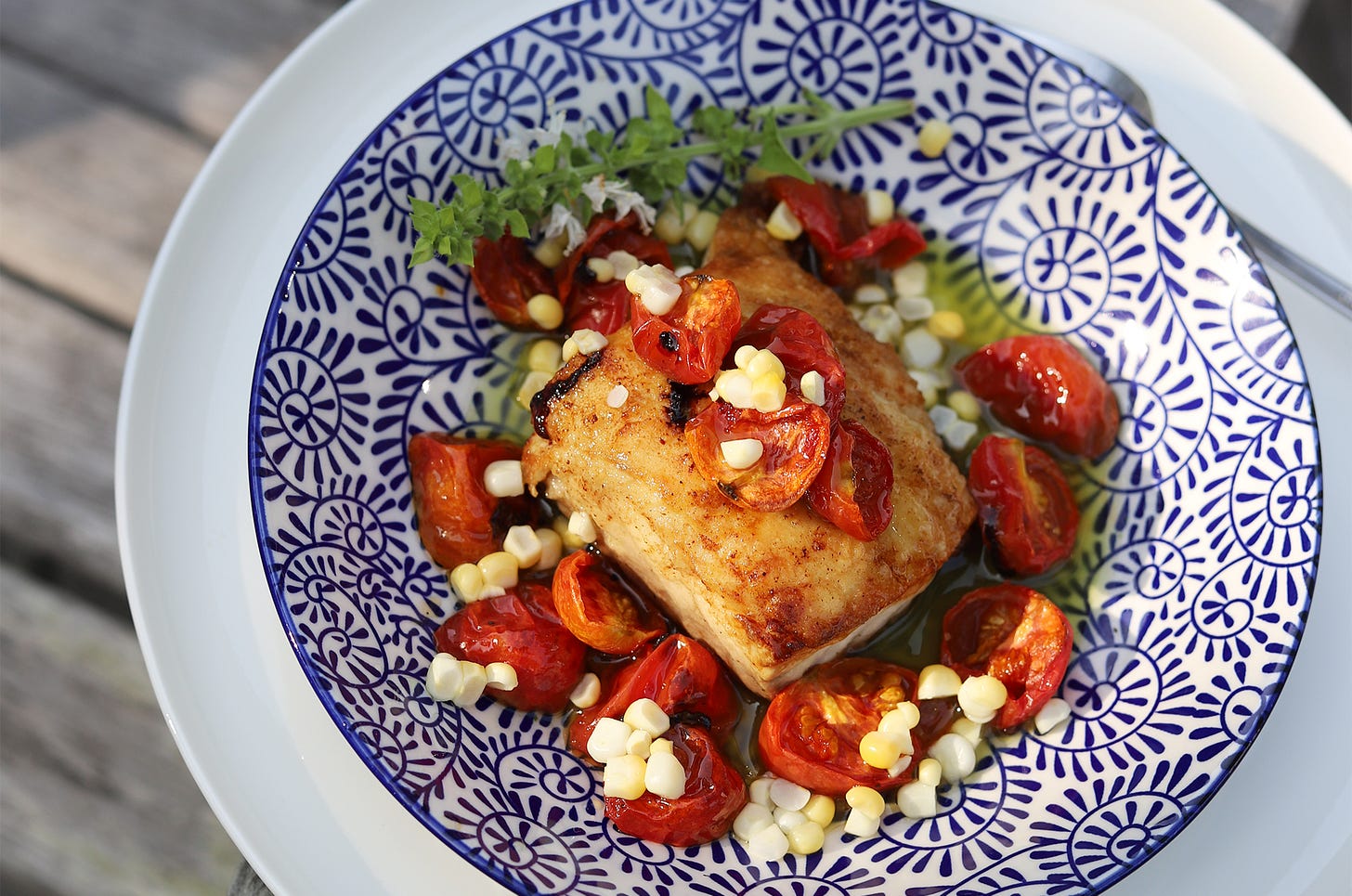 Sear-roasted striped bass with basil oil, quick-pickled corn and roasted tomatoes, Cook the Vineyard