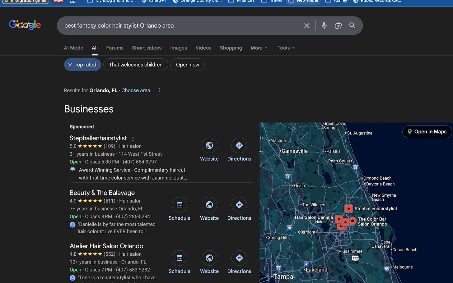 Google search results for best fantasy color hair stylist Orlando area showing Stephallenhairstylist, Beauty and The Balayage, and Atelier Hair Salon but not Emma Bear