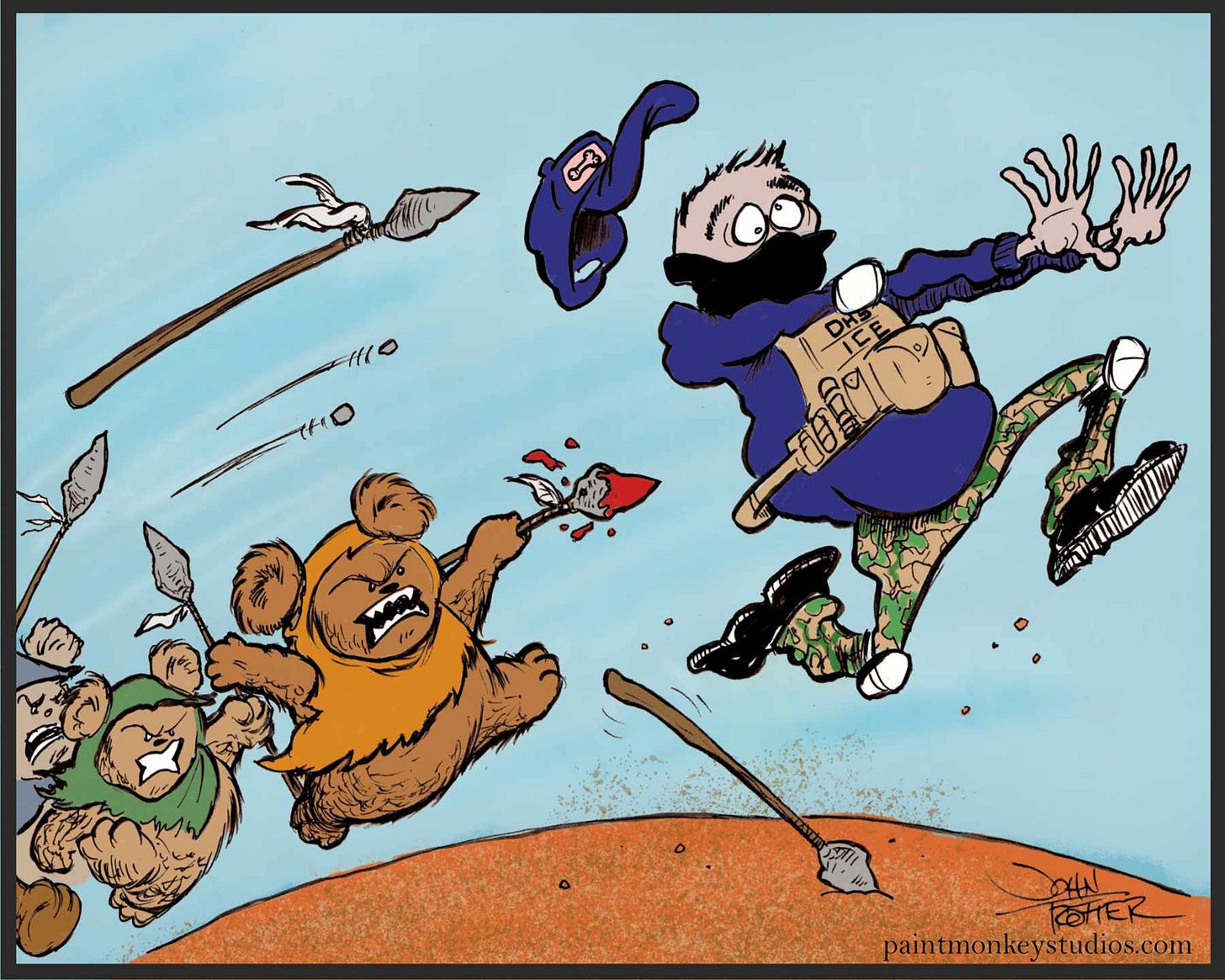 Ink and digital color cartoon of Ewoks chasing a fascist bootlicker. Ink and digital color cartoon of Ewoks chasing a fascist bootlicker.