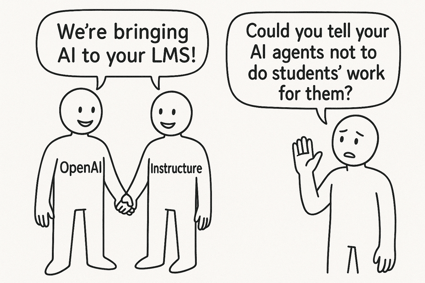 Black-and-white line drawing showing three simple androgynous figures on a white background. On the left, two smiling figures labeled “OpenAI” and “Instructure” hold hands and share a speech bubble that reads, “We’re bringing AI to your LMS!” On the right, a puzzled and concerned figure labeled “Educator” raises one hand and says, “Could you tell your AI agents not to do students’ work for them?”