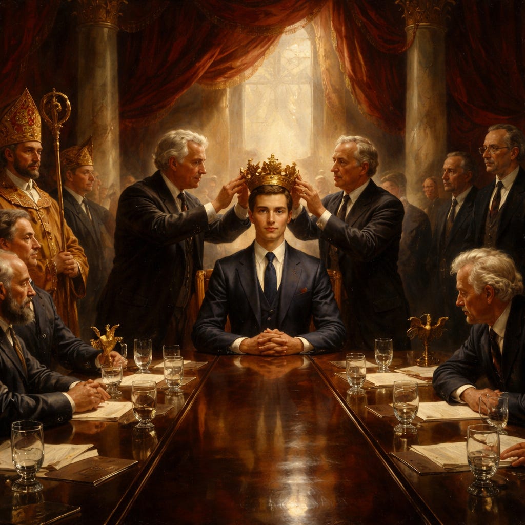  Baroque-style oil painting of a corporate succession staged like a royal coronation. In a lavish boardroom with crimson drapery, marble columns, and warm gilded light, two older men in dark business suits place an ornate crown on the head of a young man seated at the head of a long polished conference table. Other suited directors and advisors watch from both sides like courtiers witnessing a formal rite of power. The mood is solemn, decadent, and faintly accusatory, blending executive authority with monarchical ceremony.