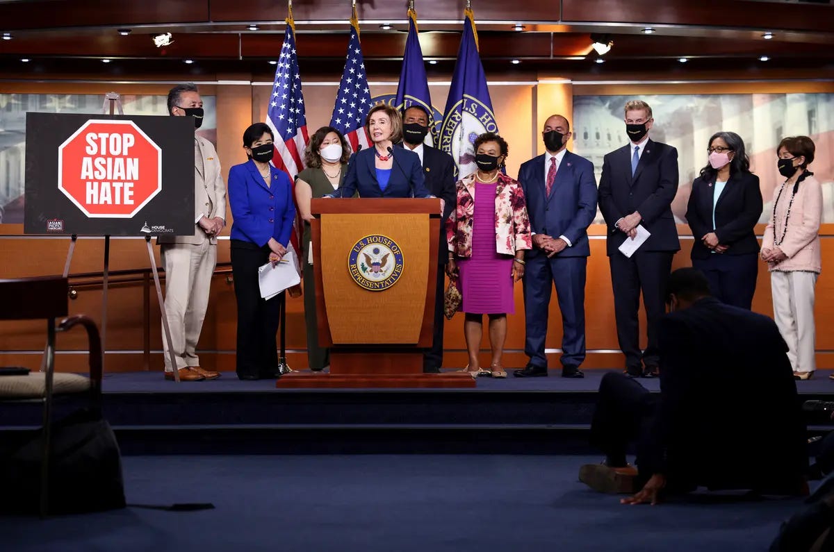 House Speaker Nancy Pelosi (D-Calif.), joined by members of the Congressional Asian Pacific American Caucus, speaks on the COVID-19 Hate Crimes Act at the U.S. Capitol in Washington on May 18, 2021. (Kevin Dietsch/Getty Images) House Speaker Nancy Pelosi (D-Calif.), joined by members of the Congressional Asian Pacific American Caucus, speaks on the COVID-19 Hate Crimes Act at the U.S. Capitol in Washington on May 18, 2021. (Kevin Dietsch/Getty Images)