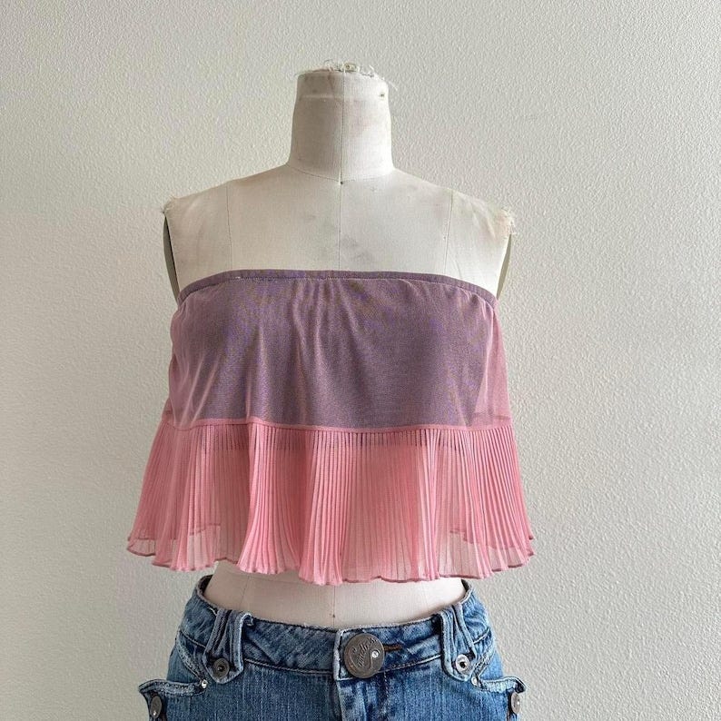 handmade pink black micro pleated mesh tube crop top image 1