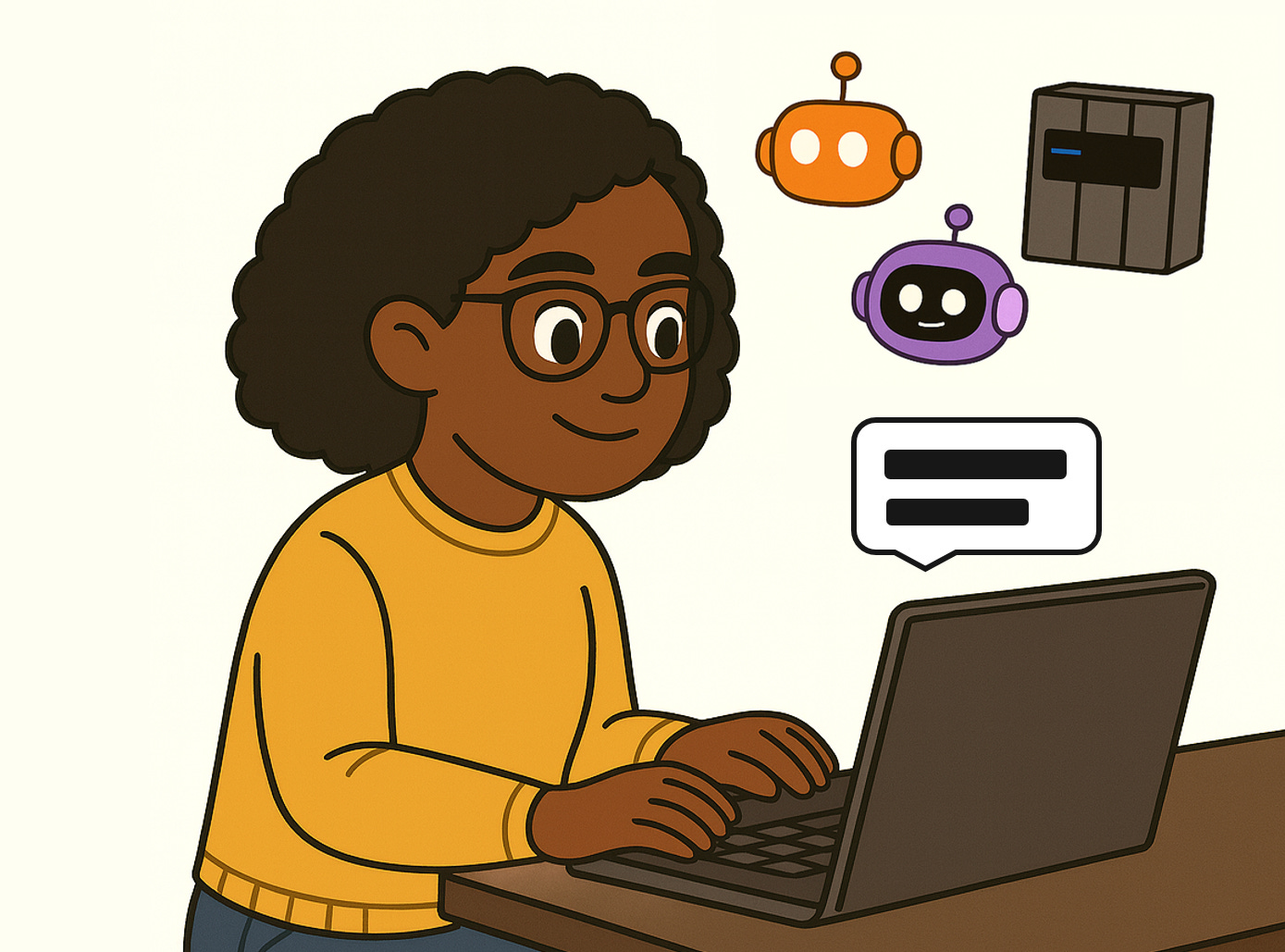 "Illustration of a person with glasses typing on a laptop, with cartoon icons of three different bots floating nearby