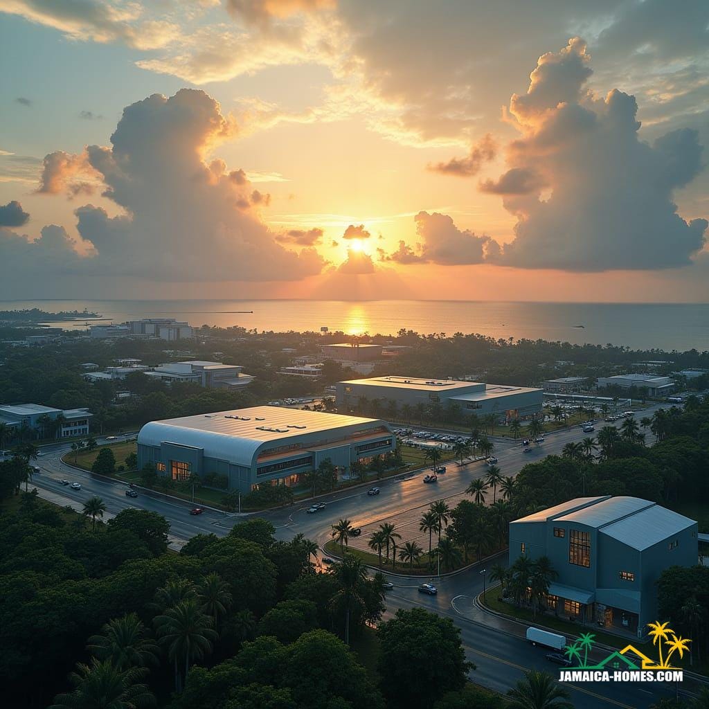 This visual offers a glimpse of what a Special Economic Zone could bring to areas like Boscobel and other parts of Jamaica. It features modern buildings for a call center, expansive warehousing facilities, sleek aircraft hangars, and a bustling commercial plaza filled with banks, restaurants, and shops. The layout includes factory outlets and a state-of-the-art medical facility, all surrounded by lush tropical landscaping. The scene is alive with people walking between buildings, workers commuting, and organized roads lined with parked cars, symbolizing the creation of over 2500 jobs, higher rental demand, and rising property values. This illustration captures the vibrancy and potential of a community hub thriving with new services and economic growth.