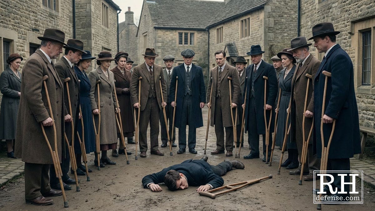 Allegorical village scene with men and women standing in a circle holding crutches while one person lies on the ground after trying to show he could walk without crutches because God gave him two legs