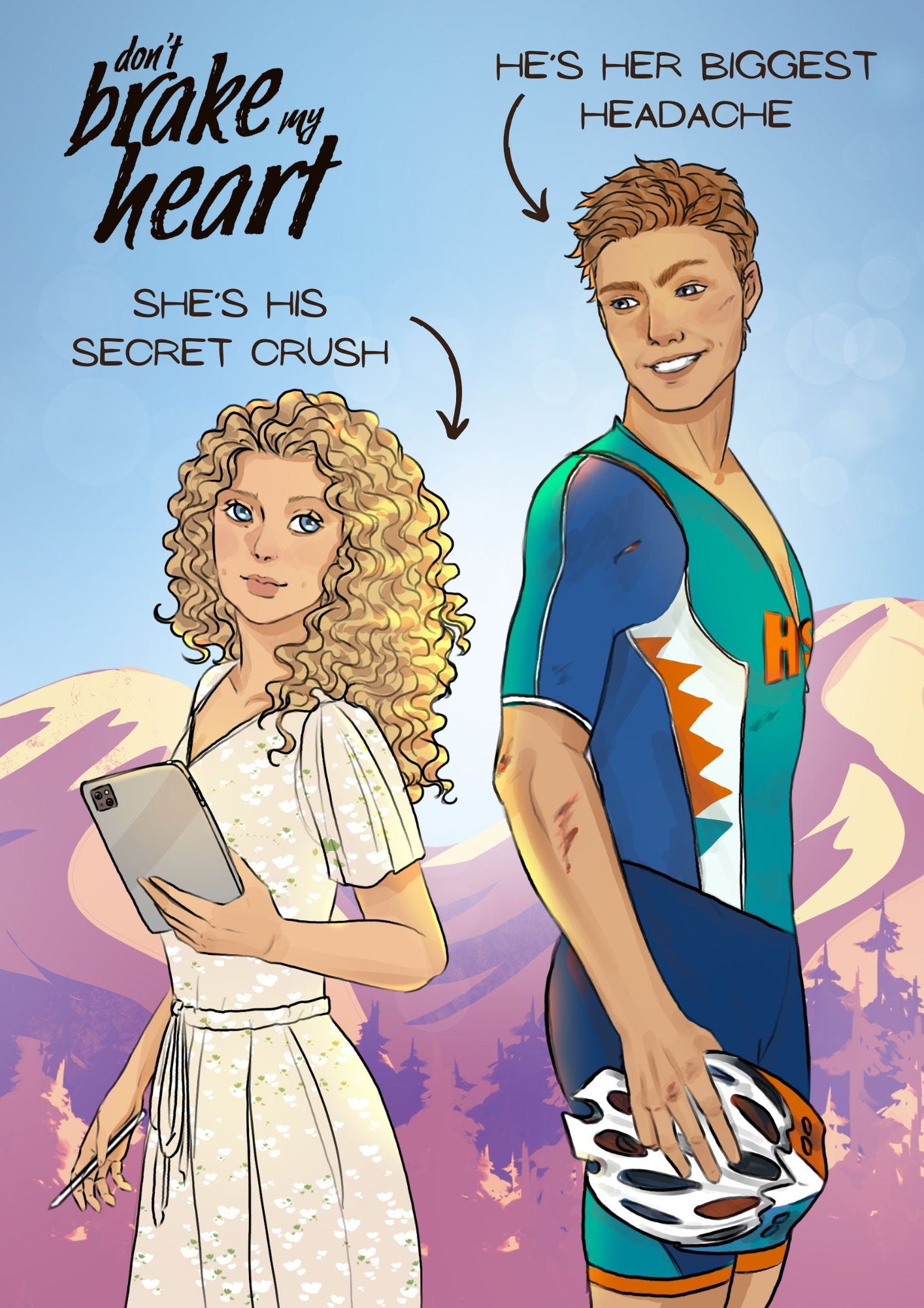 Character art of Colin, a blond man with a cheeky smile, and Leesa, a pretty, blonde woman with curly hair, holding a tablet, from Don't Brake My Heart Character art of Colin, a blond man with a cheeky smile, and Leesa, a pretty, blonde woman with curly hair, holding a tablet, from Don't Brake My Heart