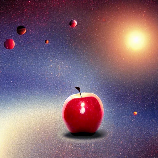 a red juicy apple floating in outer space, like a planet
