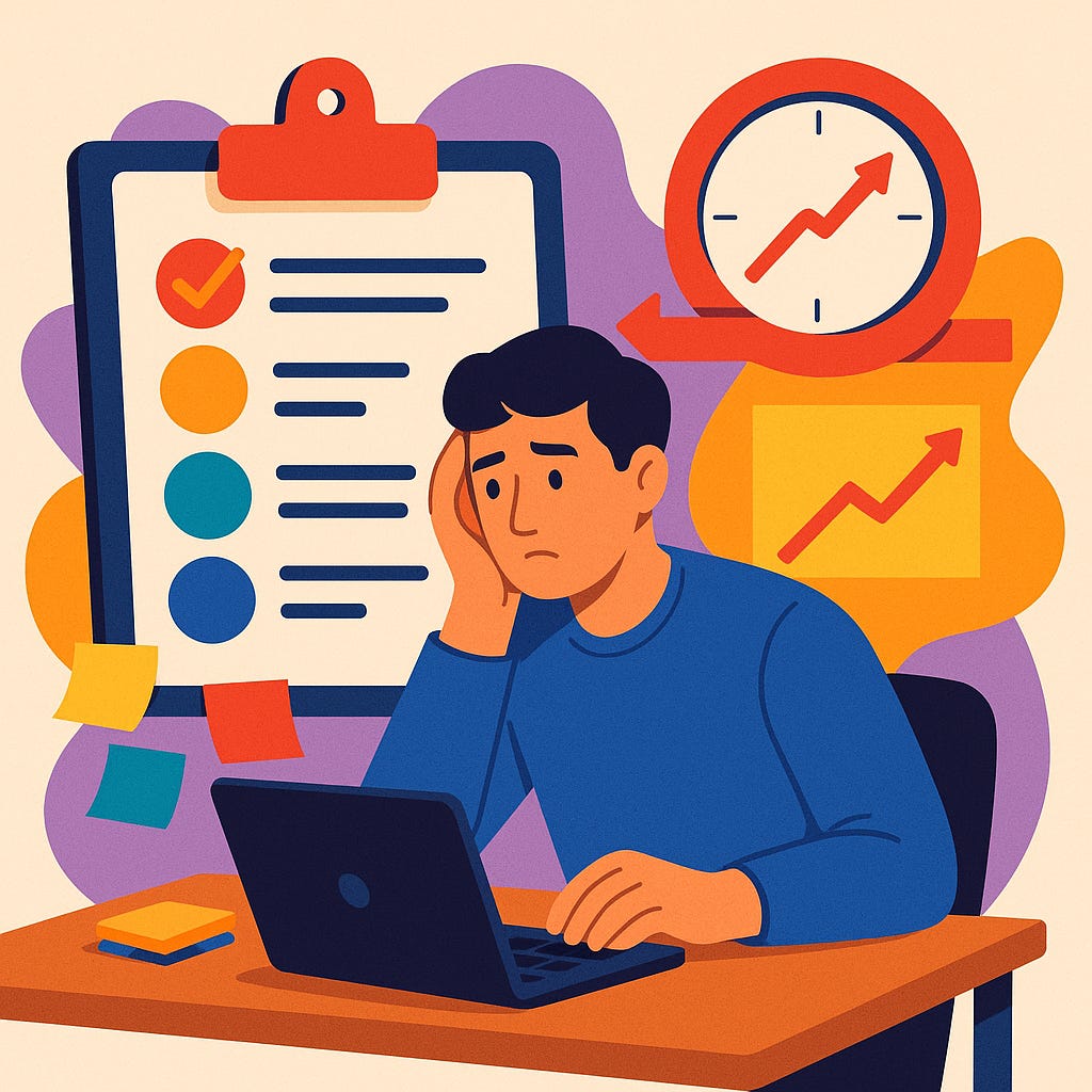 Stressed man at laptop surrounded by charts, to-do list, and deadline clock.