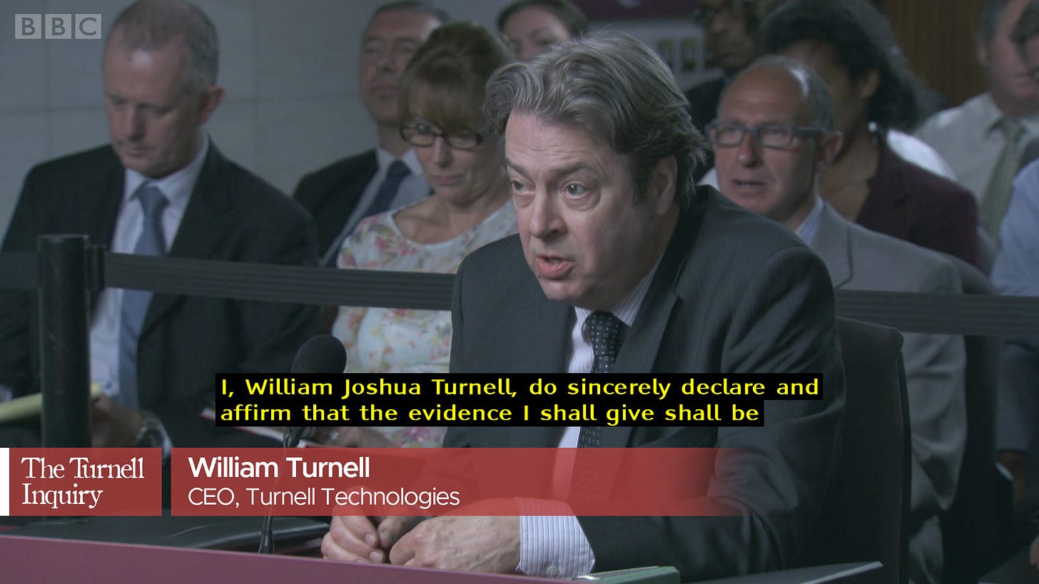 A screenshot from The Thick Of It, overlaid with example subtitles, and a name card reading "William Turnell, CEO of Turnell Technologies".