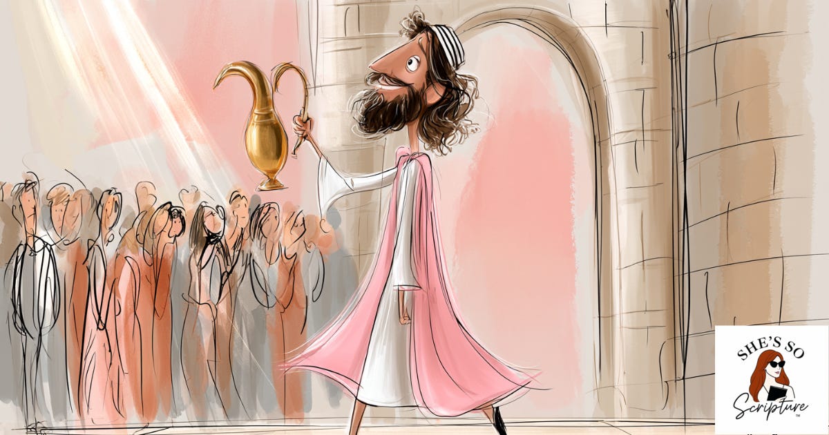 Watercolor fashion illustration of an ancient Israeli priest holding a golden pitcher near ancient stone archways in blush pink and cream tones.
