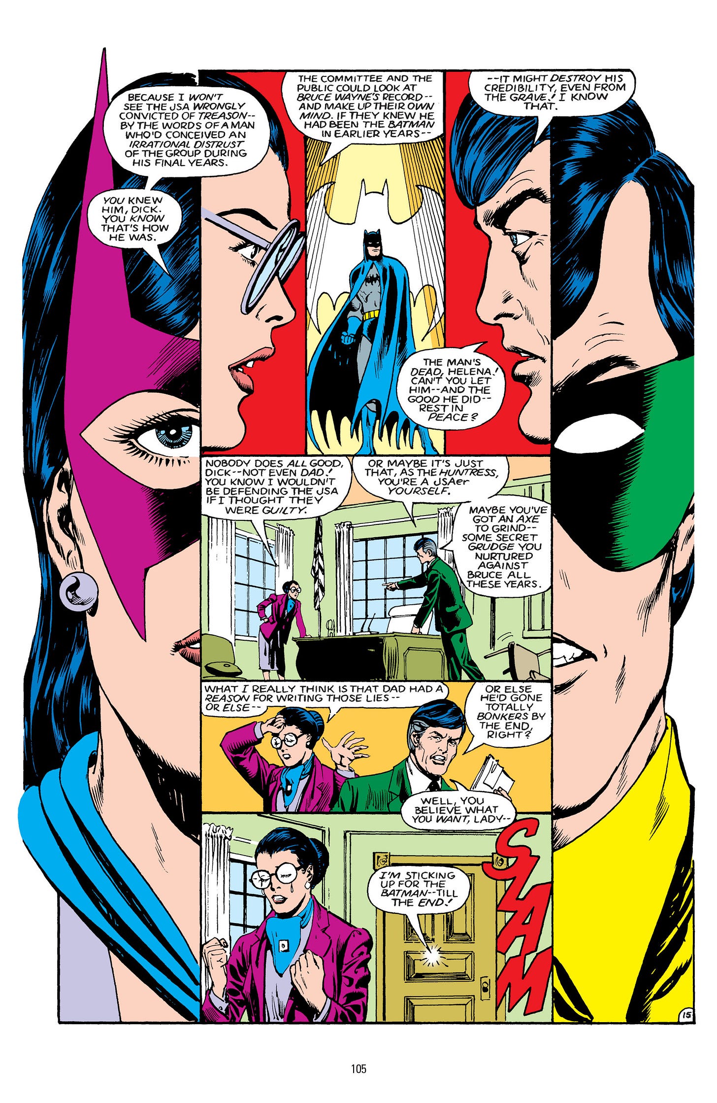Helena Wayne argues with Dick Grayson over the JSA treason allegation in America vs the JSA.