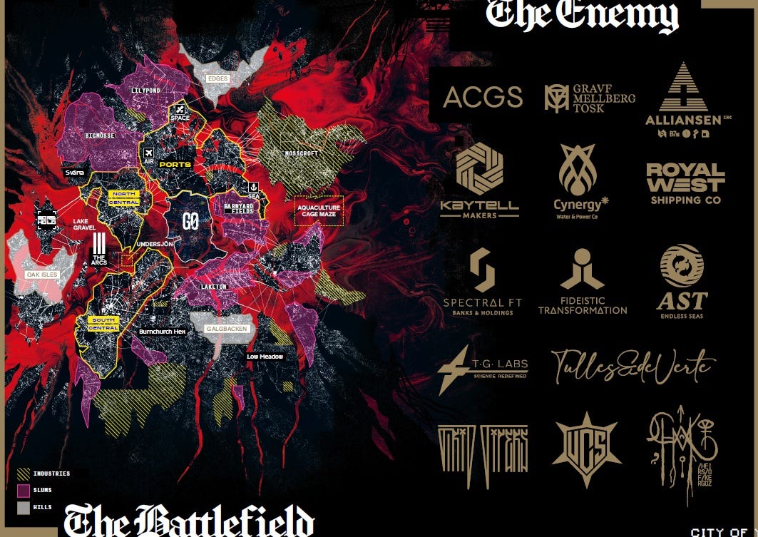 A spread from CY_BORG, with a map of the City of CY on the left, and a list of corporations with their logotypes on the right.