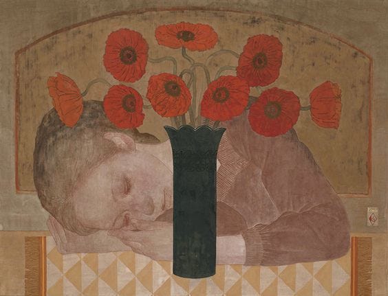 This may contain: a painting with red flowers in a vase