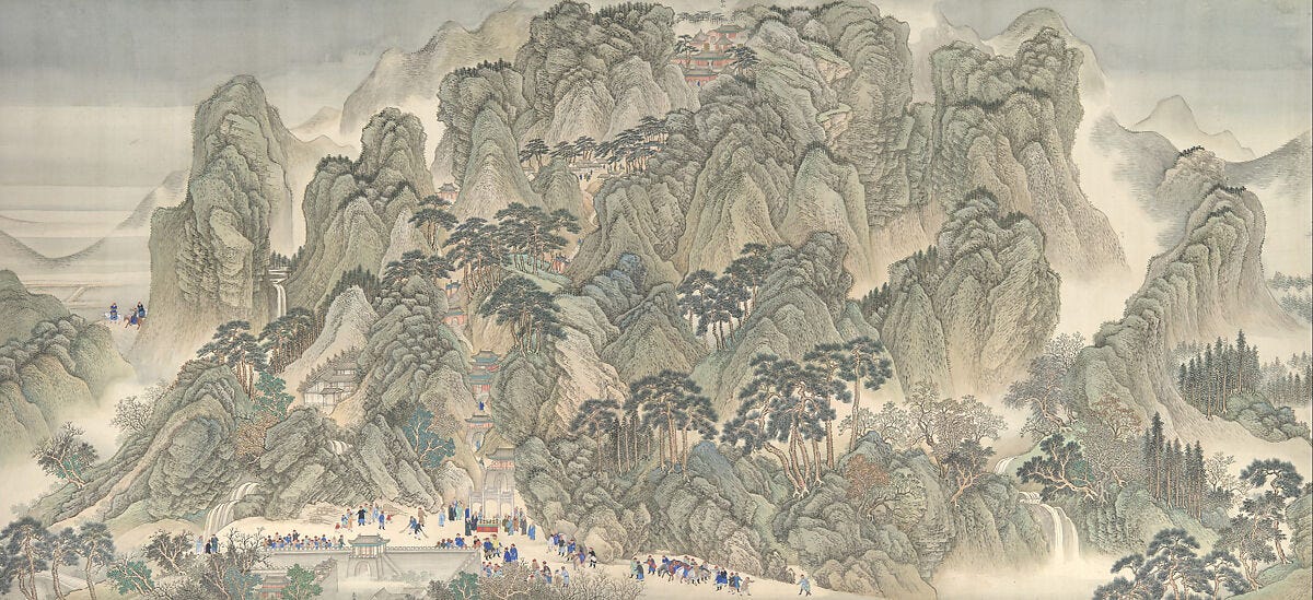 The Kangxi Emperor's Southern Inspection Tour, Scroll Three: Ji'nan to Mount Tai, Wang Hui (Chinese, 1632–1717) and assistants, Handscroll; ink and color on silk, China The Kangxi Emperor's Southern Inspection Tour, Scroll Three: Ji'nan to Mount Tai, Wang Hui (Chinese, 1632–1717) and assistants, Handscroll; ink and color on silk, China