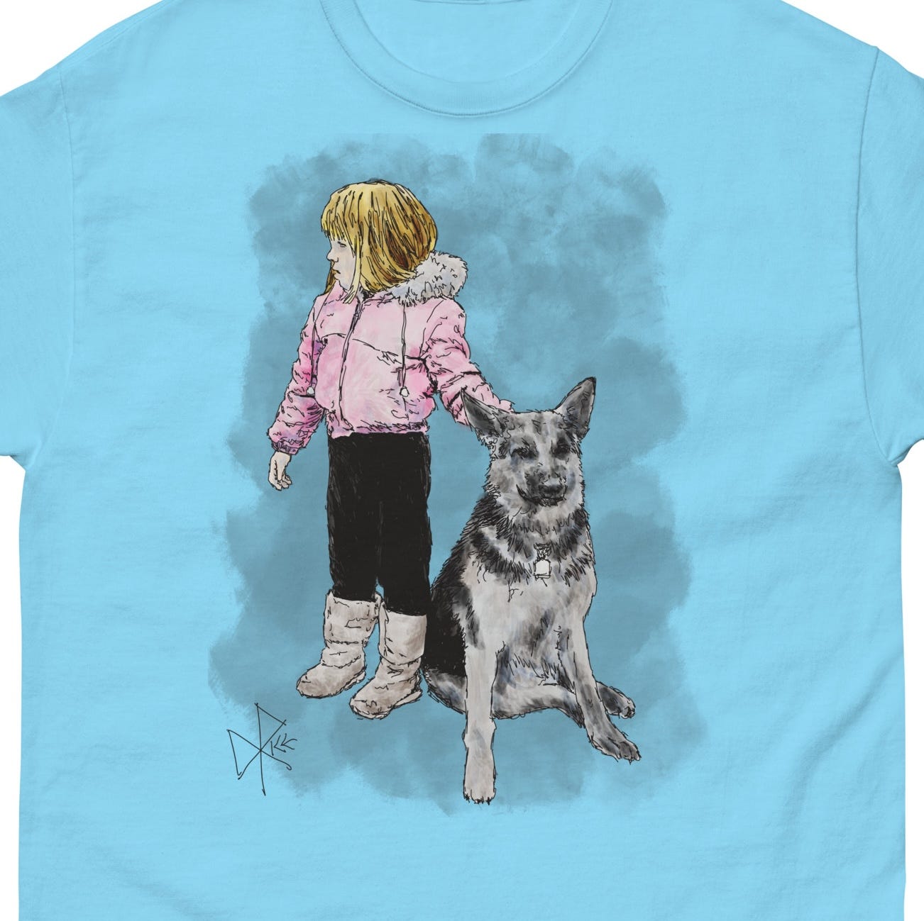 A young girl in a pink coat and winter boots, holding the collar of a seated German Shepherd dog. Sketch art by Don Rice. A young girl in a pink coat and winter boots, holding the collar of a seated German Shepherd dog. Sketch art by Don Rice.