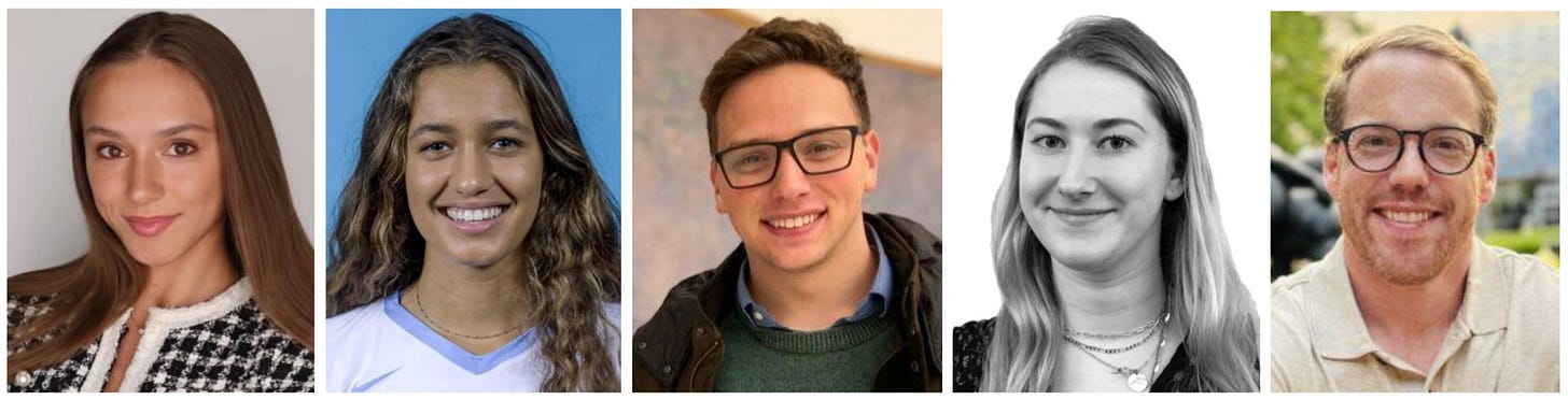Headshot photos: Left to right: Alexandra Volos, Soah Grace Franklin, Jeremy Michelson, Shannon Rausser, and Jonathan Brestoff.