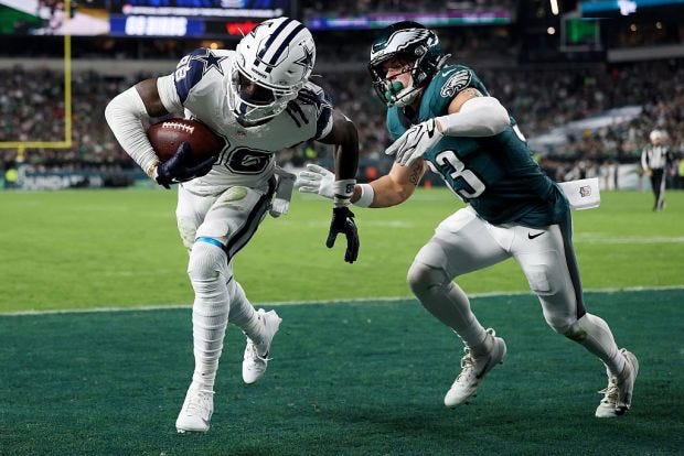Wide receiver Ceedee Lamb (88) of the Dallas Cowboys scores a touchdown against defensive back Cooper DeJean (33) of the Philadelphia Eagles at Lincoln Financial Field on Monday, Oct. 26, 2026, in Philadelphia. (Emilee Chinn/Getty Images) Wide receiver Ceedee Lamb (88) of the Dallas Cowboys scores a touchdown against defensive back Cooper DeJean (33) of the Philadelphia Eagles at Lincoln Financial Field on Monday, Oct. 26, 2026, in Philadelphia. (Emilee Chinn/Getty Images)