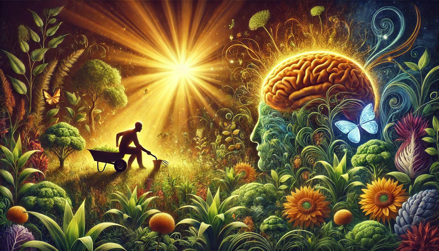 A vibrant, untamed garden bathed in golden sunlight, representing the mind. The garden is filled with lush, thriving plants symbolizing creative and fruitful ideas, but also has stubborn weeds representing harmful thoughts and distractions. A gardener, symbolizing introspection and action, is carefully tending to the garden—removing weeds, nurturing the desired plants, and experimenting with new growth strategies. The image should evoke the sense of mental cultivation, with the gardener focused on maintaining balance and harmony in the garden.