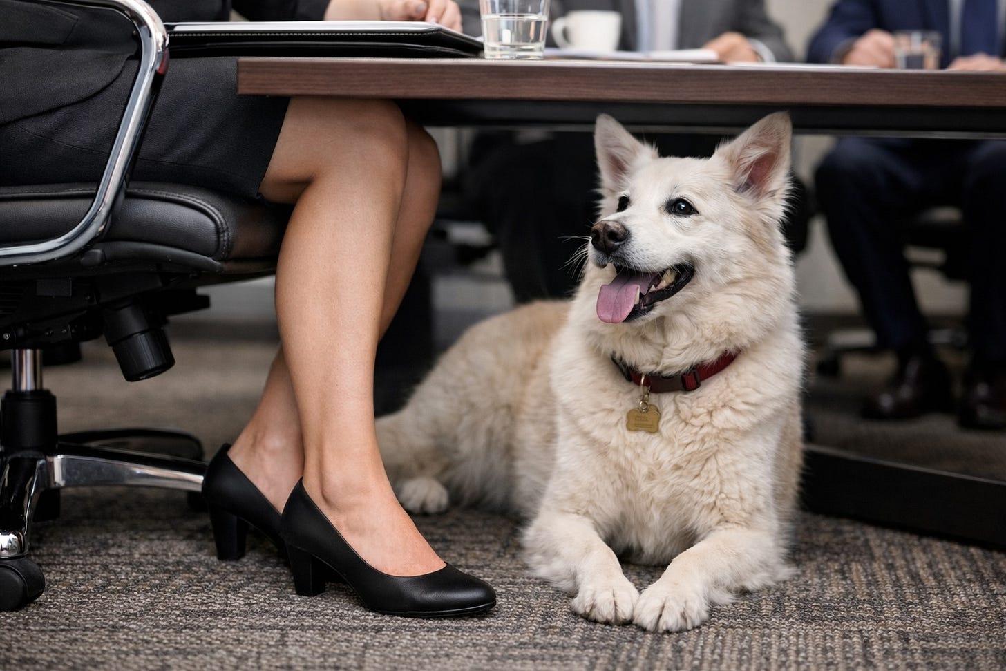 A while dog under a conference table next to a woman in business clothes. A while dog under a conference table next to a woman in business clothes.