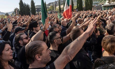 Fascist sympathisers salute outside the cemetery of San Cassiano, where Benito Mussolini is buried Fascist sympathisers salute outside the cemetery of San Cassiano, where Benito Mussolini is buried