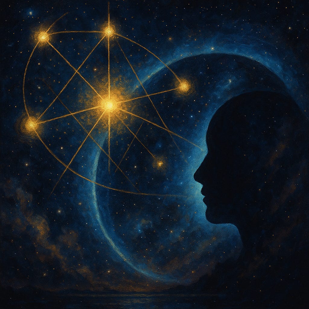 A cosmic, dreamlike scene depicting golden threads of light connecting distant orbs and figures across a vast teal and indigo expanse. A human silhouette stands at the centre, half-illuminated, as radiant filaments arc through space and time, weaving patterns between galaxies and neural forms. The artwork evokes quantum entanglement, unseen communication, and the deep interconnected intelligence that binds consciousness to the universe beyond measurable distance.