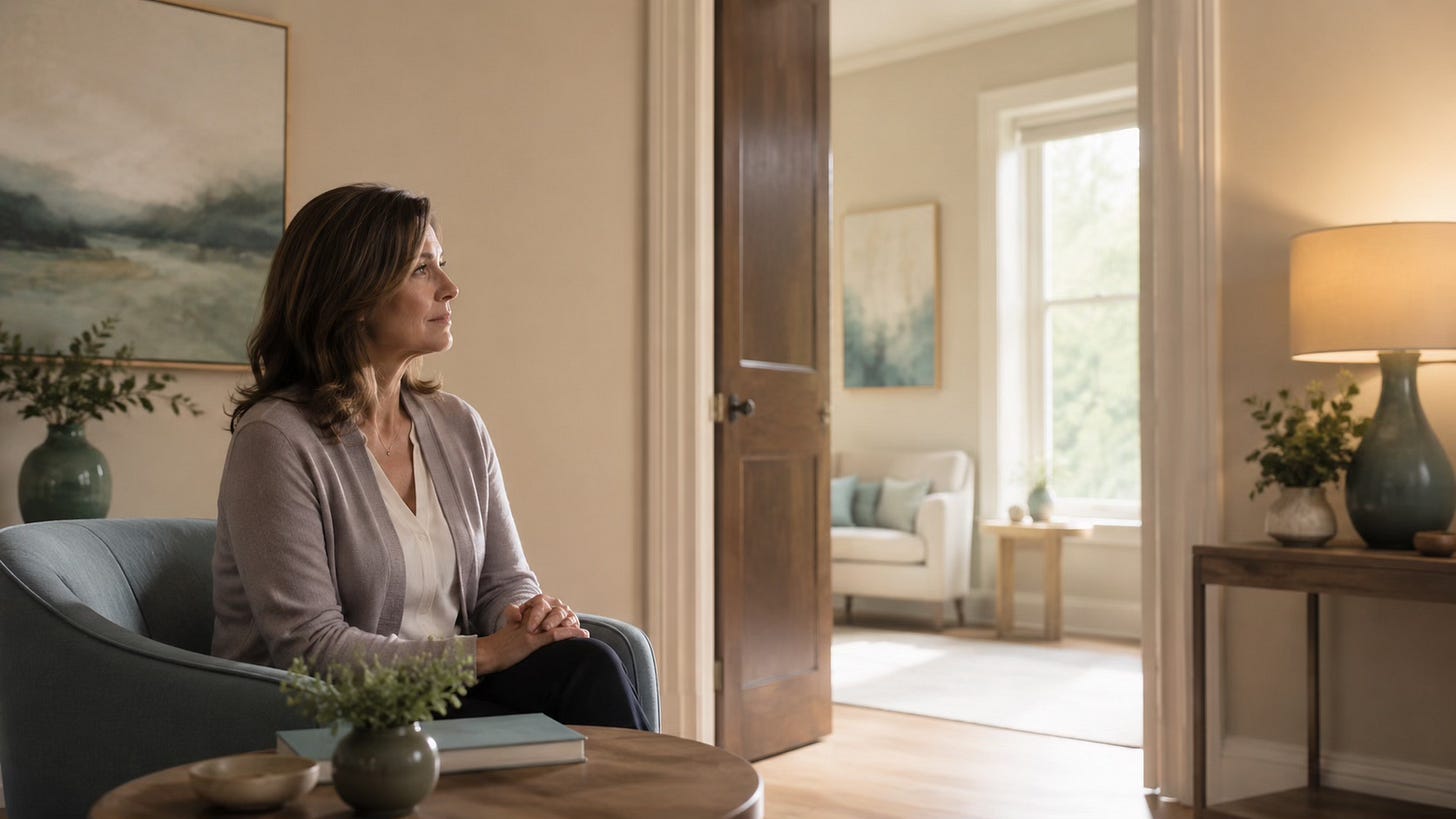 Reflective woman sitting near an open doorway, representing the hesitation that can come before emotional support.