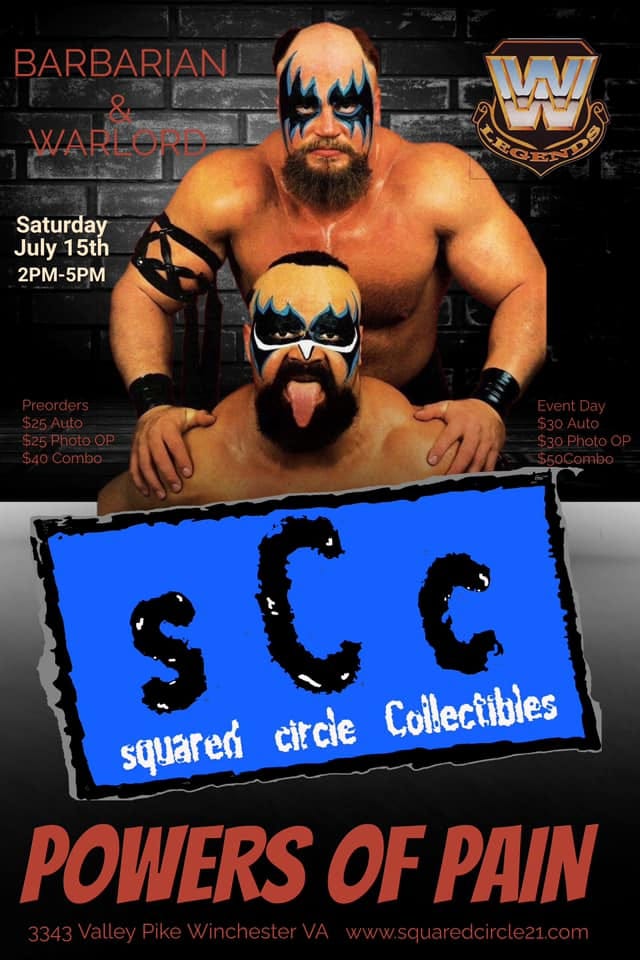 May be an image of 1 person and text that says 'BARBARIAN WARLORD WNI Saturday July 15th 2PM-5PM 2PM- 3 squared circie Collectibles POWERS OF PAIN'