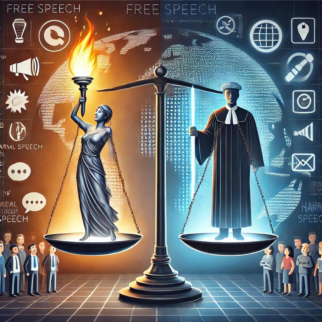 An image representing the balance between free speech and censorship. On one side, a figure holding a glowing torch symbolizing free speech and open dialogue. On the other side, a shield symbolizing protection from harmful speech, held by a figure in a judicial robe. Between them, a scale balancing the two, with digital icons of speech bubbles and warning signs on either side. The background shows a global map, suggesting worldwide implications, with various people watching, some looking concerned, others hopeful.