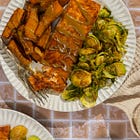 maple tahini salmon bowls with roasted sweet potatoes and brussels sprouts