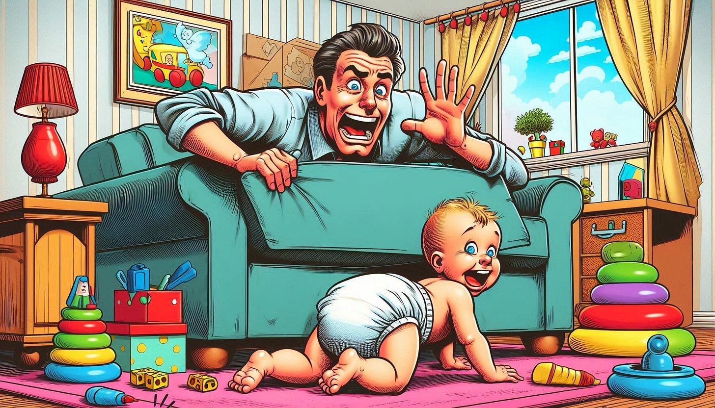 a man is trying to hide from a baby that needs a diaper change, comic book art
