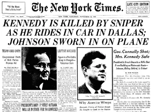 Front page of The New York Times, November 23, 1963 — national coverage announcing the death of President Kennedy.