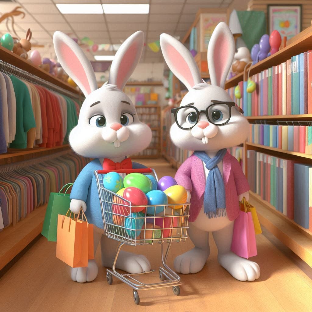 3D image of an easter bunny shopping at a thrift store