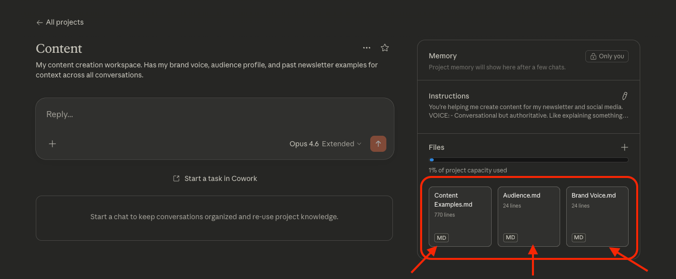 Project overview with boxes around the three files — Audience.md, Brand Voice.md, Content Examples.md — with arrows pointing to each Project overview with boxes around the three files — Audience.md, Brand Voice.md, Content Examples.md — with arrows pointing to each