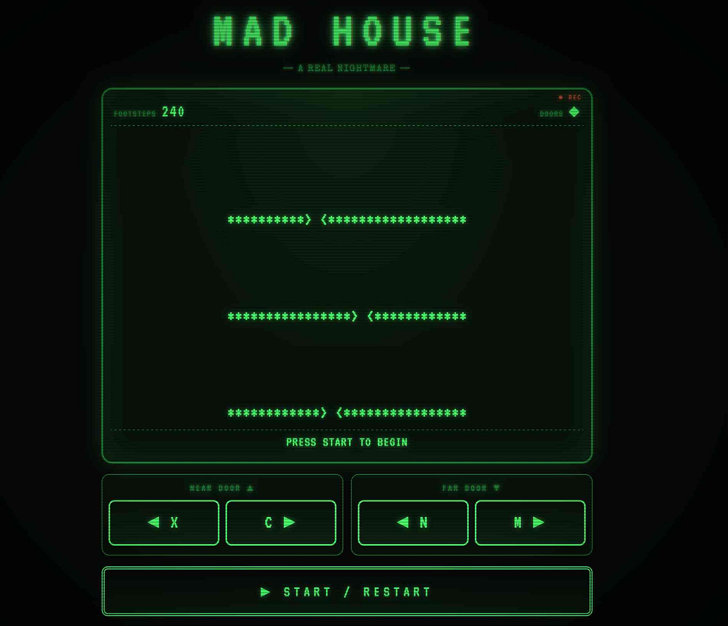 Screenshot of a retro green-on-black terminal-style game interface titled "MAD HOUSE — A REAL NIGHTMARE —" with a REC indicator, FOOTSTEPS 240, DOORS counter, three rows of ASCII corridors made of asterisks with ">" and "<" door markers, "PRESS START TO BEGIN" text, NEAR DOOR controls (X and C) and FAR DOOR controls (N and M), and a "▶ START / RESTART" button at the bottom.