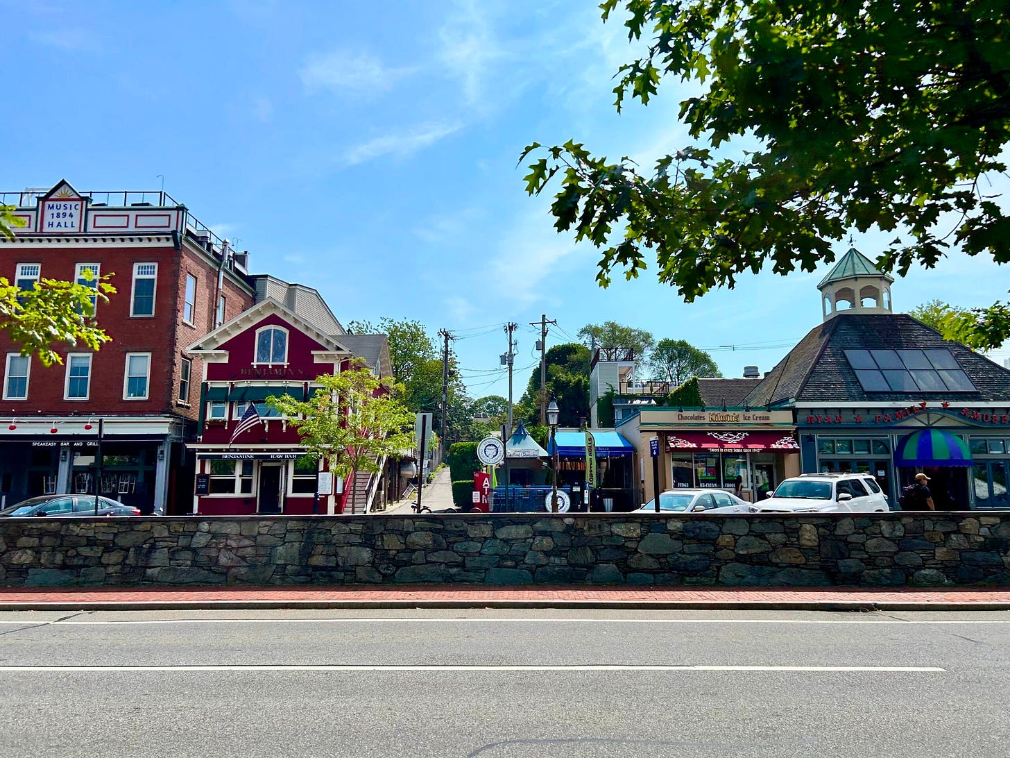 buildings, trees, cars