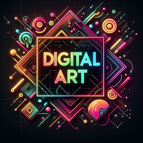 Tulips in a meadow, parrot on a branch, woman pencil sketch, abstract shapes, ice cream shop logo, banner that says "digital art" created by DALL-E 3