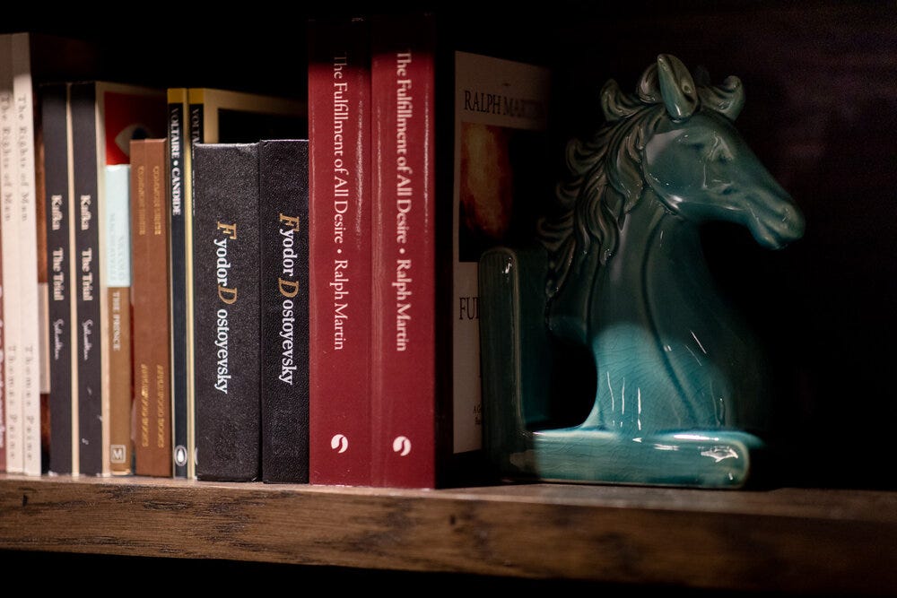 Books at Bold Bonk Brewing Co. Note the Fyodor Dostoyevsky on the shelves.