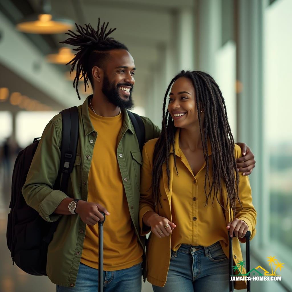 Couple arriving in Jamaica, capturing the joy and emotion of coming home.
