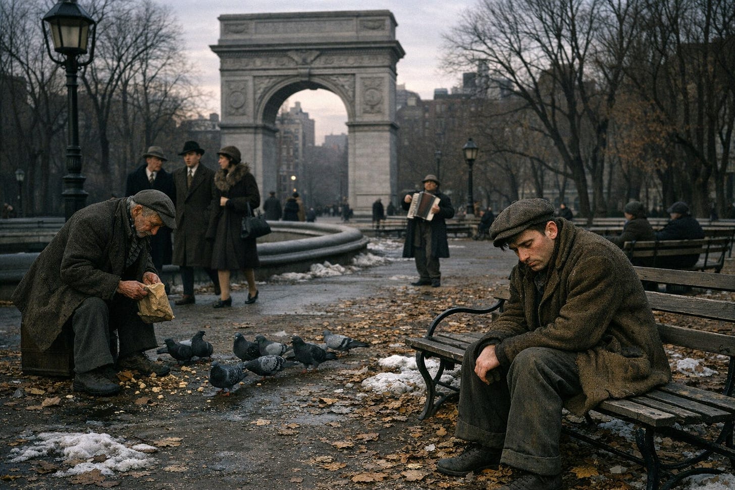 Hyperrealistic color photograph of Washington Square Park, New York City, December 1935, late afternoon. The Washington Square Arch visible in background against overcast winter sky. Bare trees, empty fountain, scattered pigeons. A young unemployed man in a worn coat sits alone on a wooden park bench, hunched against the cold, face gaunt and pensive. Nearby, an elderly man in patched clothing feeds pigeons from a paper bag. In the background, welldressed NYU students walk past, stark contrast to the poverty. A street musician with an accordion visible in distance. Dead leaves scattered on ground, patches of dirty snow. Park benches with a few other solitary figures—the unemployed, the homeless, the forgotten. Fading winter afternoon light casting long shadows. Period details: iron lamp posts, 1930s clothing styles, vintage baby carriage. Documentary photography style capturing social stratification, melancholy winter atmosphere, rich tonal range in grays and browns..png
